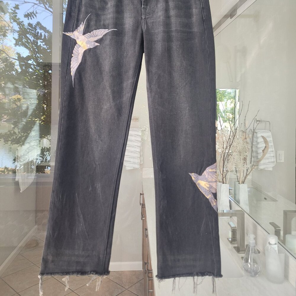 All Saints Bird Embroidered Black Cropped Jeans - Size 25 - Picture 5 of 11